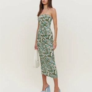 Reformation Strapless Green Tropical Dress